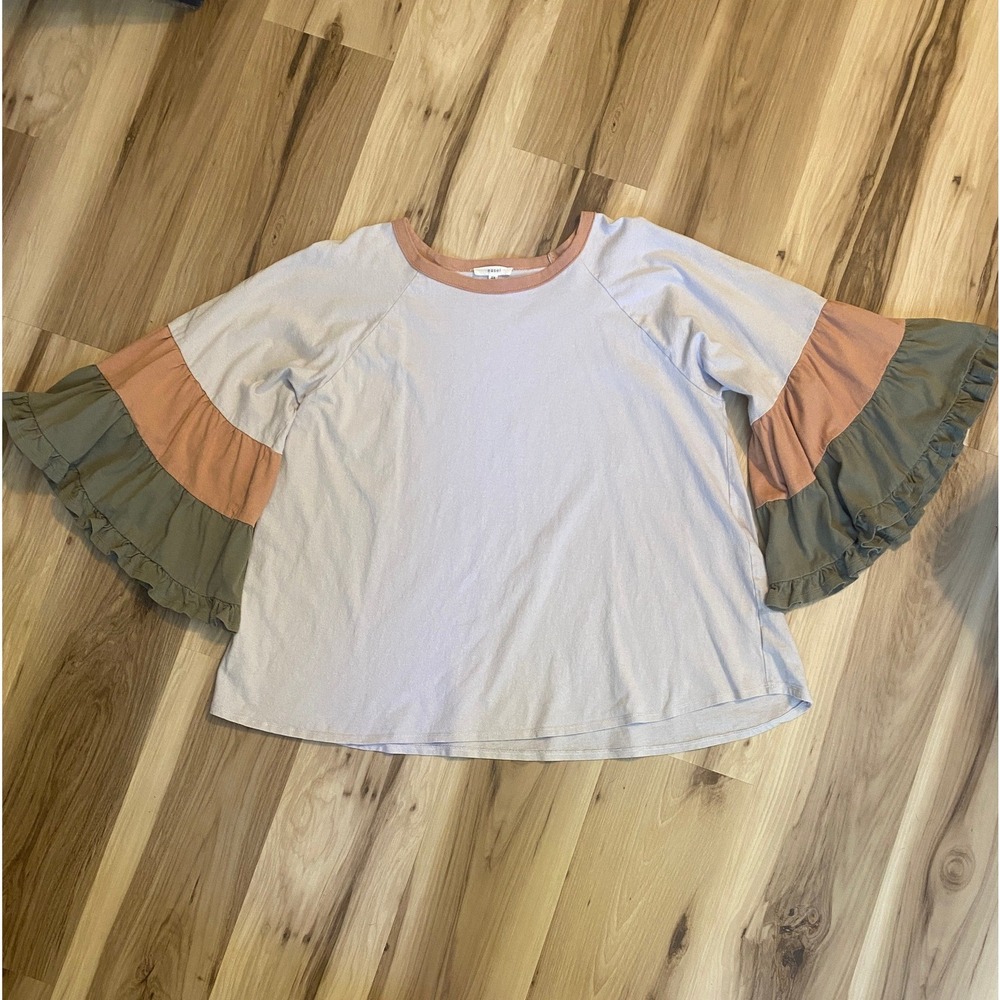 Easel Womens 2X Ruffle Tiered Sleeve Cotton Knit Top Boho Colorblock‎ Tan Beige